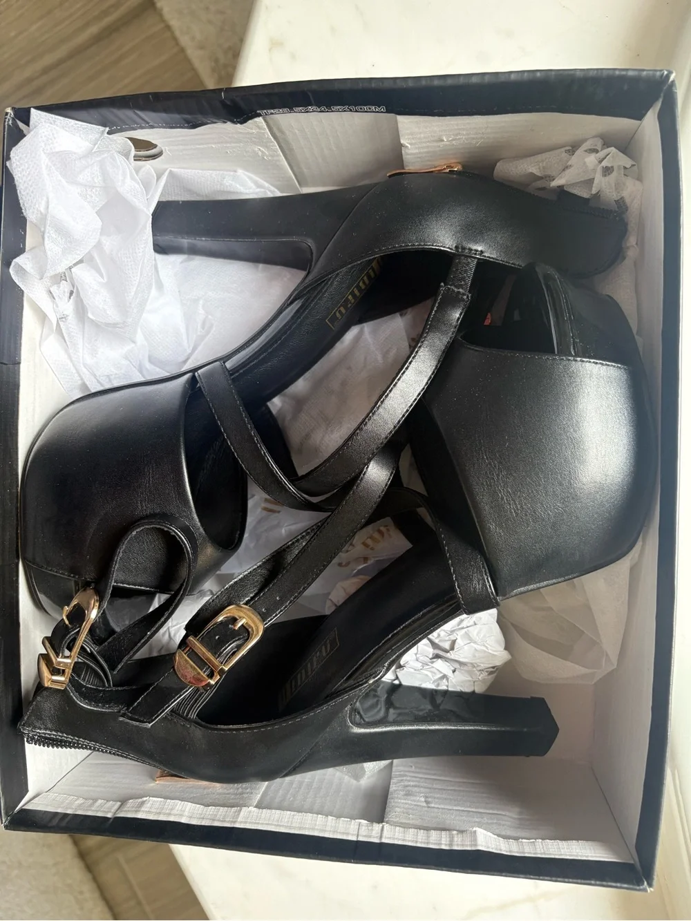 Black High Heel Platform Strappy Sandals with Gold Buckles